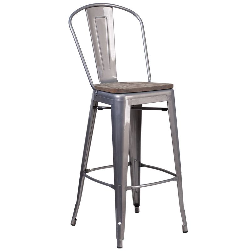 30" High Clear Coated Barstool with Back and Wood Seat