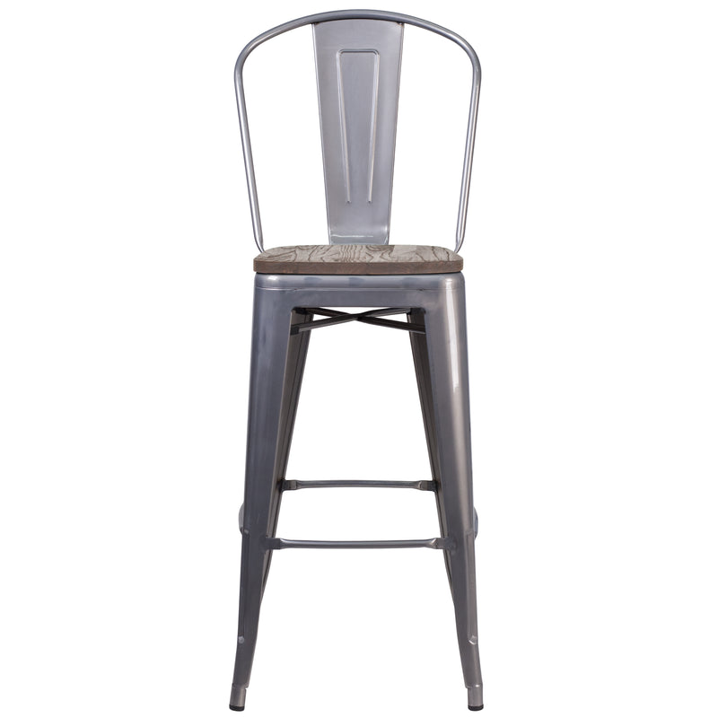 30" High Clear Coated Barstool with Back and Wood Seat