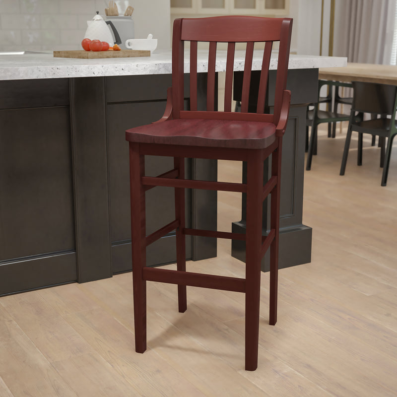 SINGLEWAVE Series School House Back Mahogany Wood Restaurant Barstool