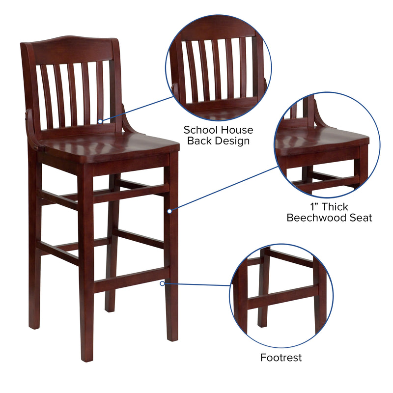 SINGLEWAVE Series School House Back Mahogany Wood Restaurant Barstool