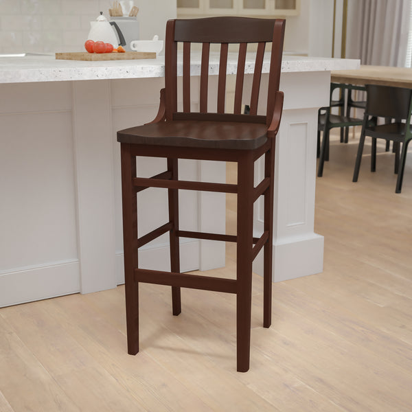 SINGLEWAVE Series School House Back Walnut Wood Restaurant Barstool