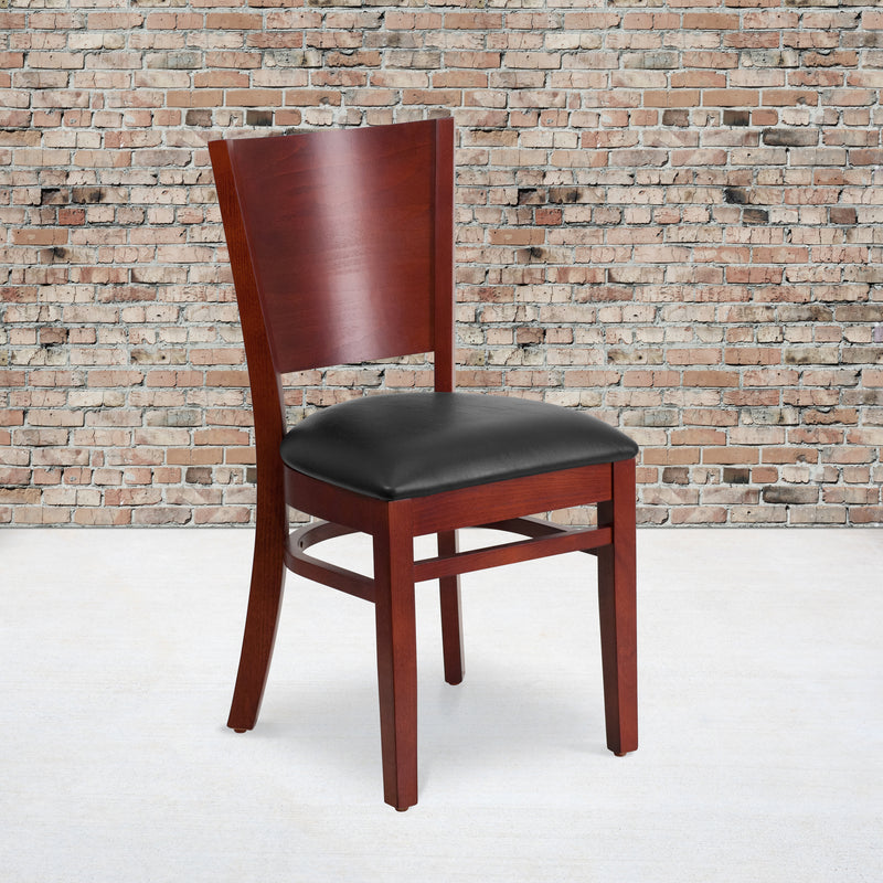 Lacey Series Solid Back Mahogany Wood Restaurant Chair - Black Vinyl Seat