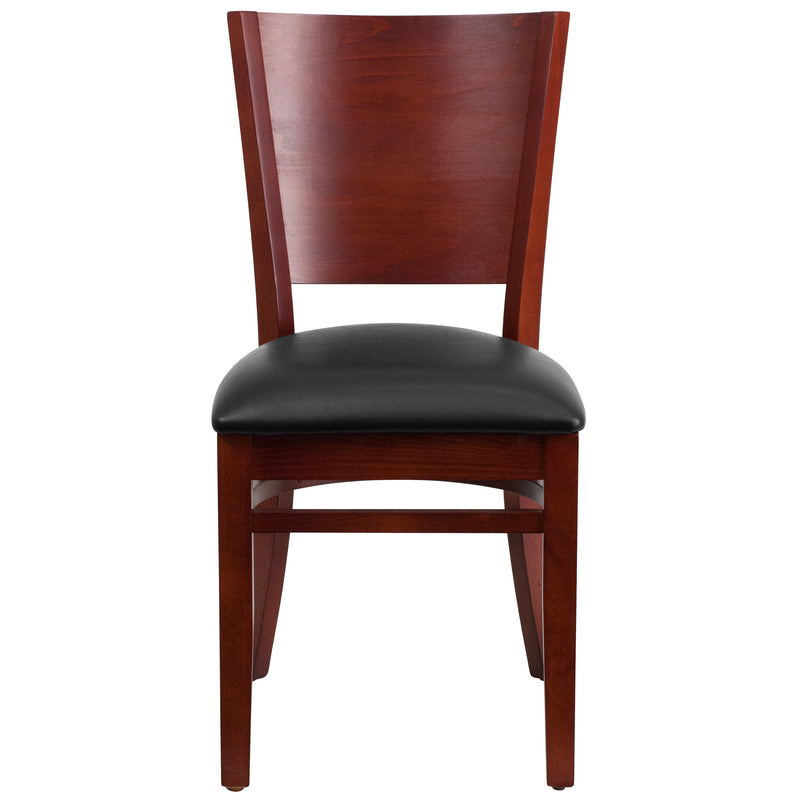 Lacey Series Solid Back Mahogany Wood Restaurant Chair - Black Vinyl Seat