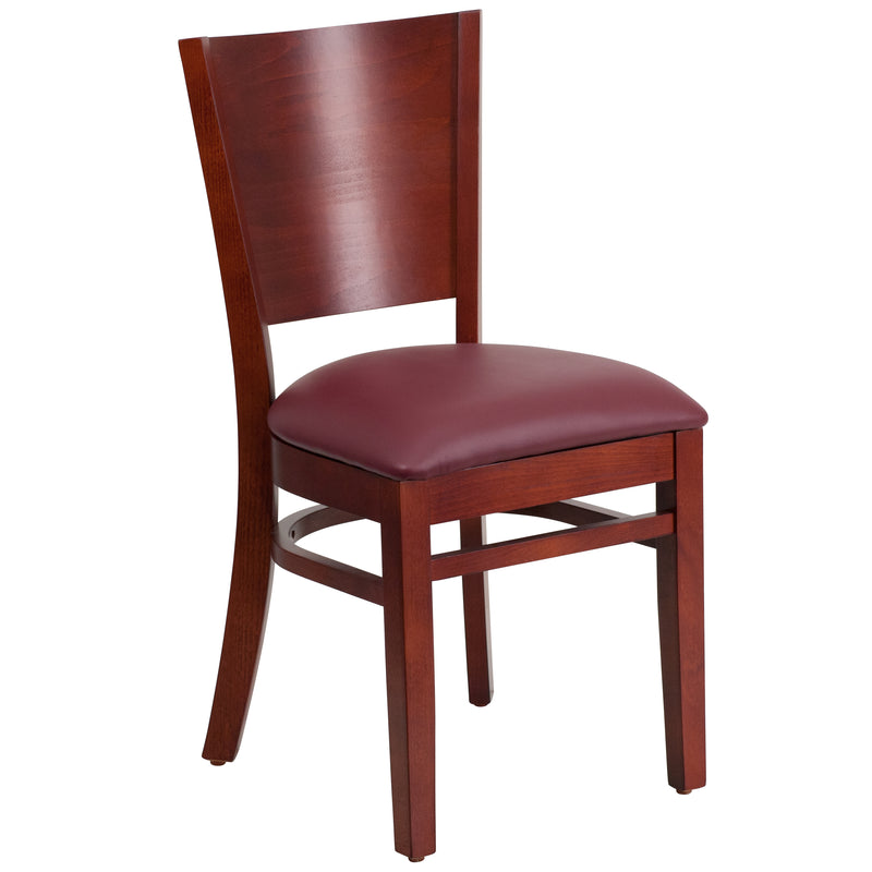 Lacey Series Solid Back Mahogany Wood Restaurant Chair - Burgundy Vinyl Seat