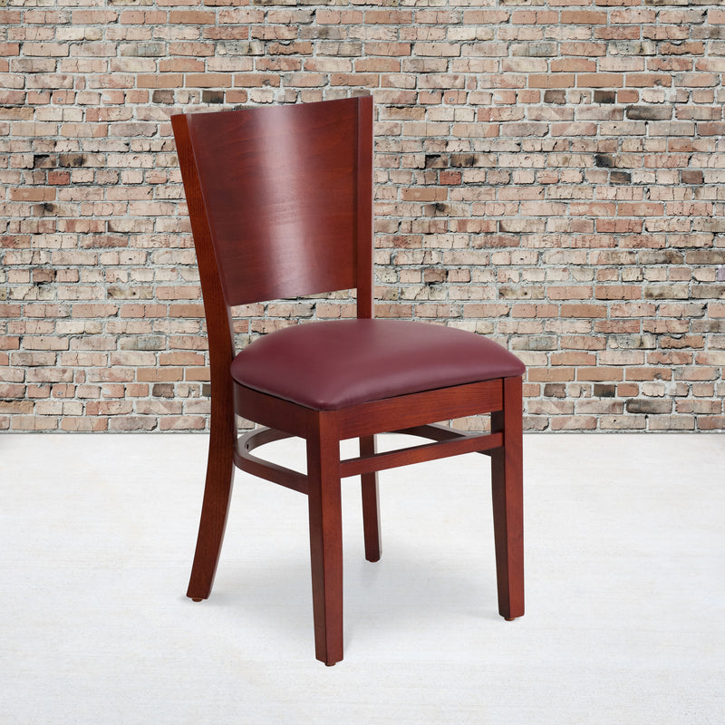 Lacey Series Solid Back Mahogany Wood Restaurant Chair - Burgundy Vinyl Seat