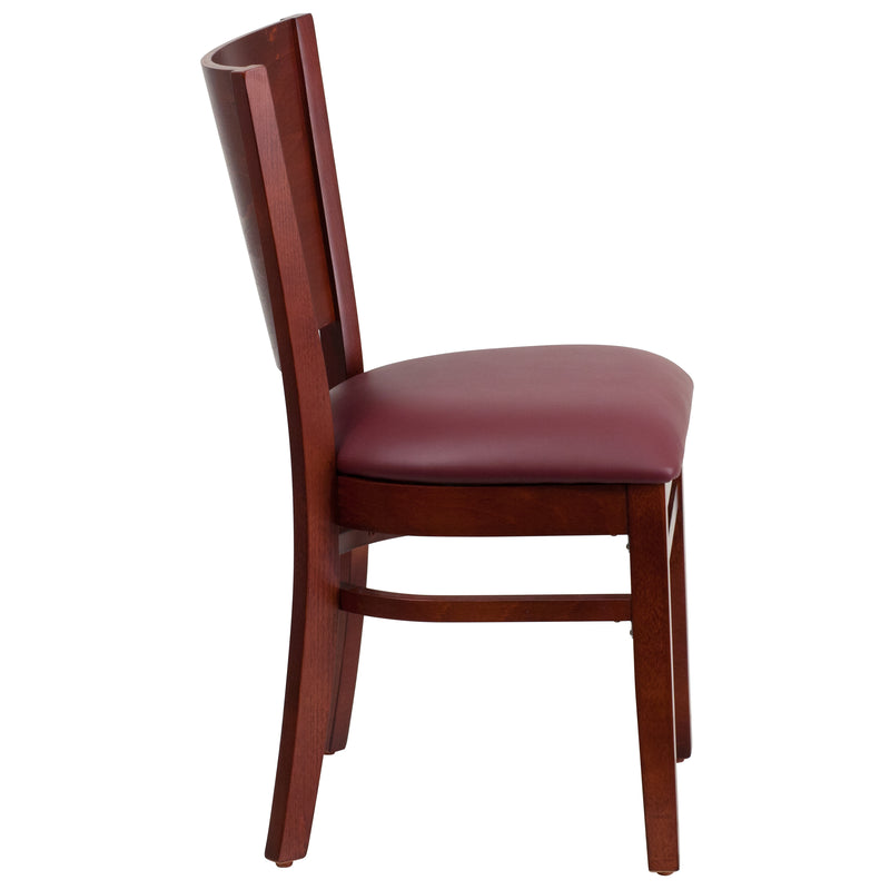 Lacey Series Solid Back Mahogany Wood Restaurant Chair - Burgundy Vinyl Seat