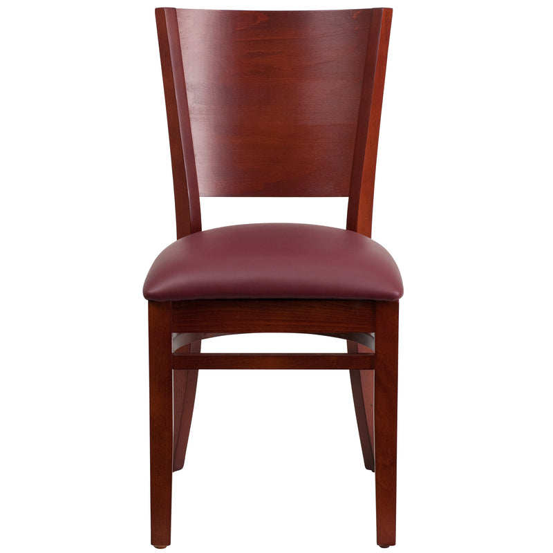 Lacey Series Solid Back Mahogany Wood Restaurant Chair - Burgundy Vinyl Seat