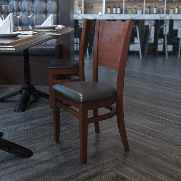 Lacey Series Solid Back Walnut Wood Restaurant Chair - Black Vinyl Seat
