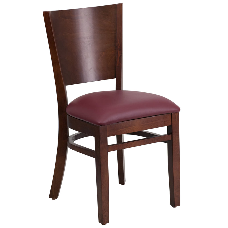 Lacey Series Solid Back Walnut Wood Restaurant Chair - Burgundy Vinyl Seat