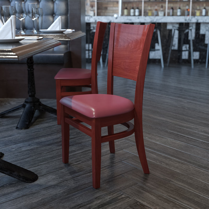 Lacey Series Solid Back Walnut Wood Restaurant Chair - Burgundy Vinyl Seat