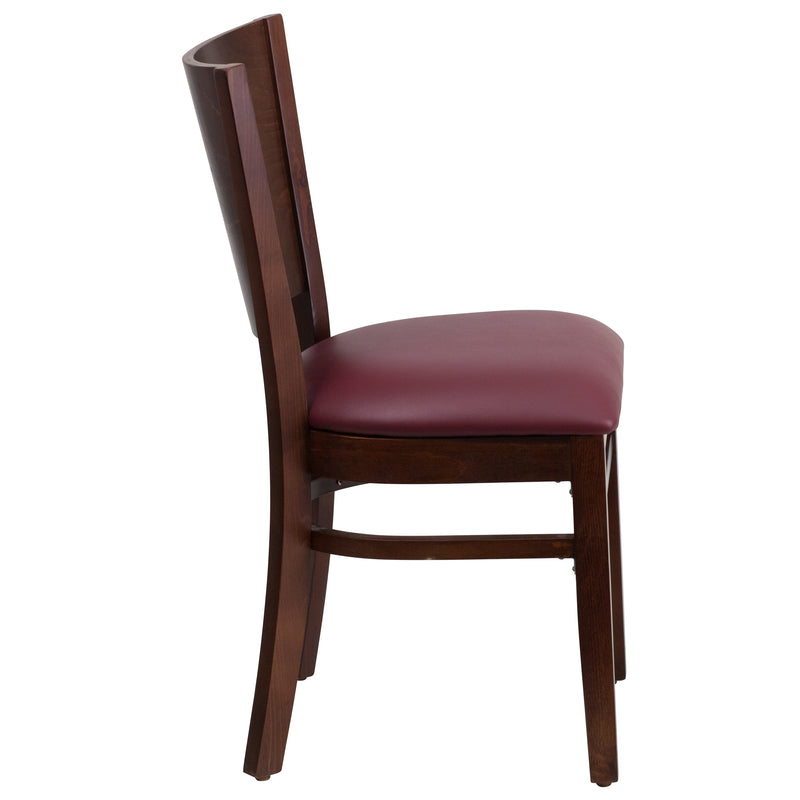 Lacey Series Solid Back Walnut Wood Restaurant Chair - Burgundy Vinyl Seat