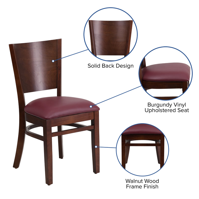 Lacey Series Solid Back Walnut Wood Restaurant Chair - Burgundy Vinyl Seat