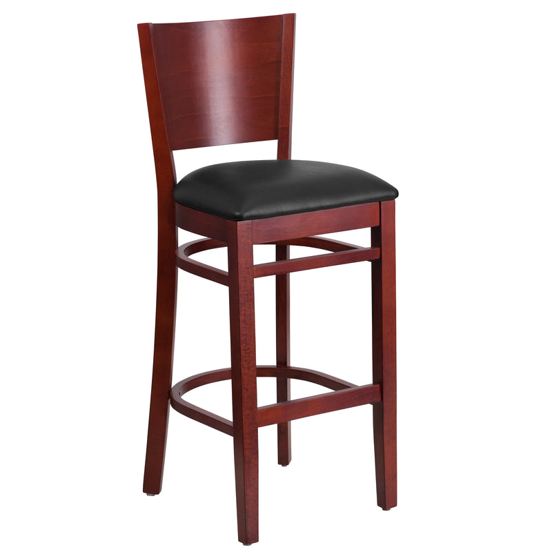 Lacey Series Solid Back Mahogany Wood Restaurant Barstool - Black Vinyl Seat