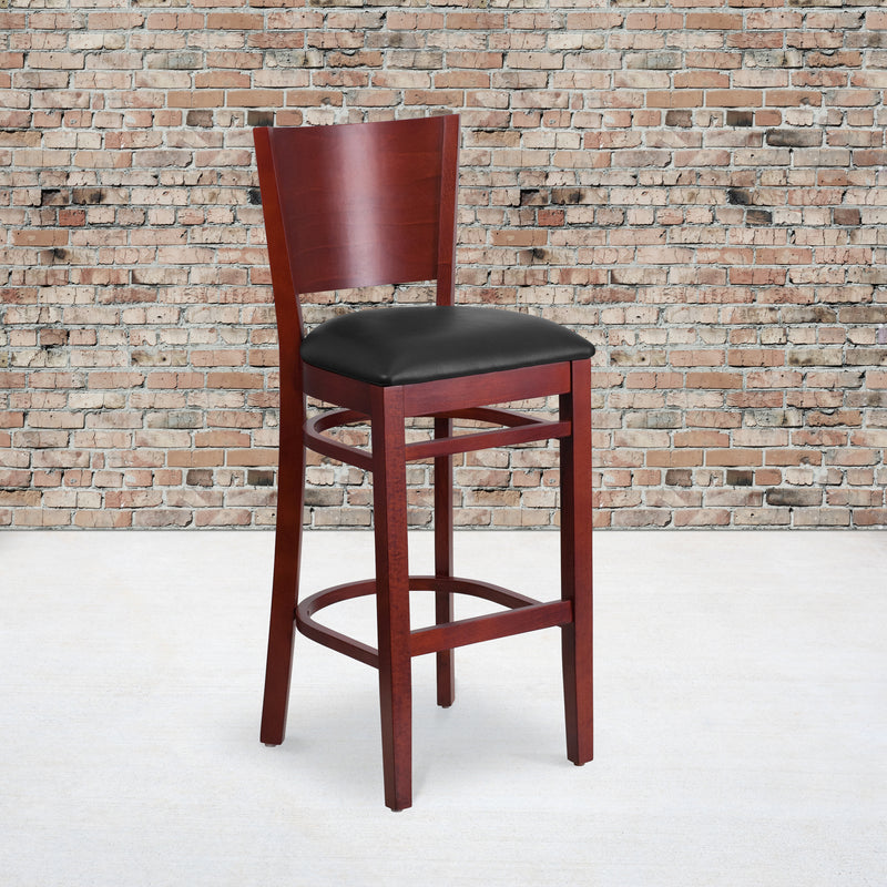 Lacey Series Solid Back Mahogany Wood Restaurant Barstool - Black Vinyl Seat