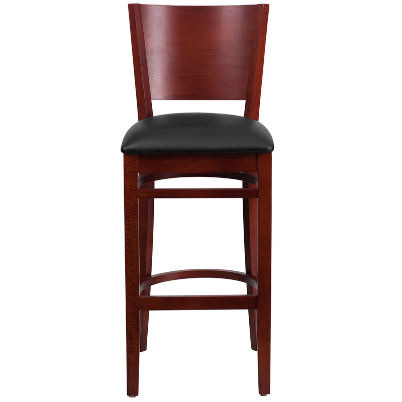 Lacey Series Solid Back Mahogany Wood Restaurant Barstool - Black Vinyl Seat