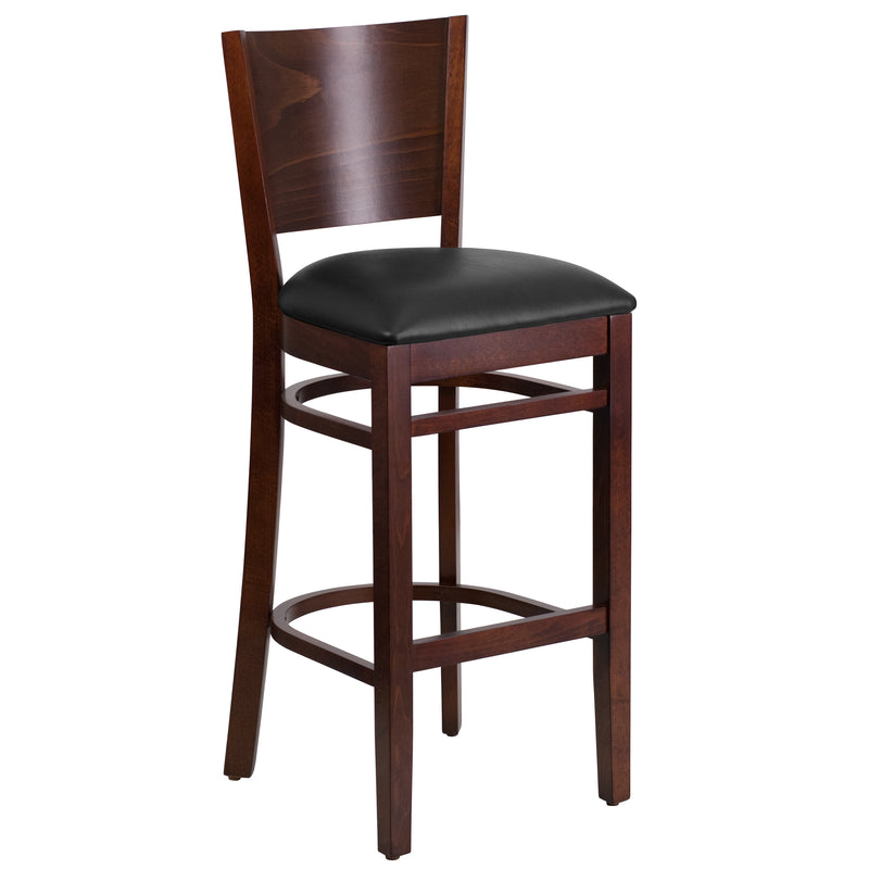 Lacey Series Solid Back Walnut Wood Restaurant Barstool - Black Vinyl Seat