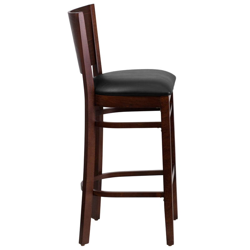 Lacey Series Solid Back Walnut Wood Restaurant Barstool - Black Vinyl Seat