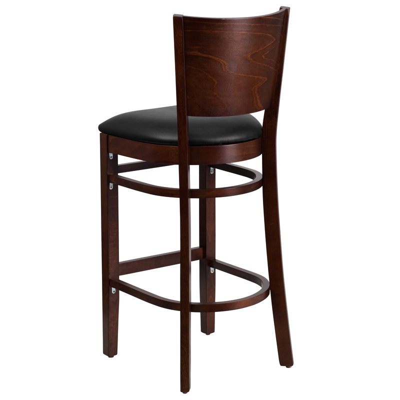 Lacey Series Solid Back Walnut Wood Restaurant Barstool - Black Vinyl Seat