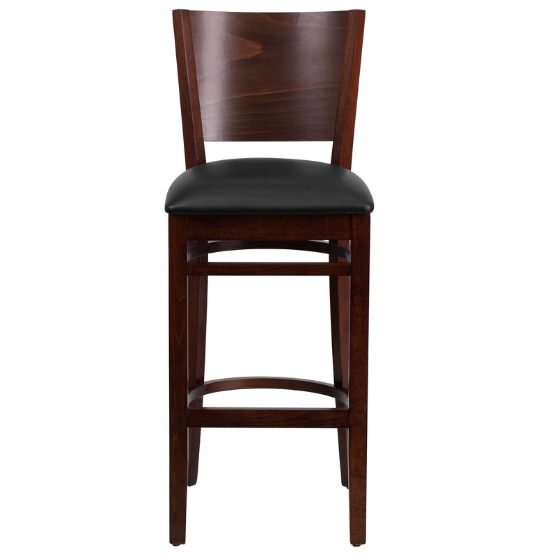 Lacey Series Solid Back Walnut Wood Restaurant Barstool - Black Vinyl Seat