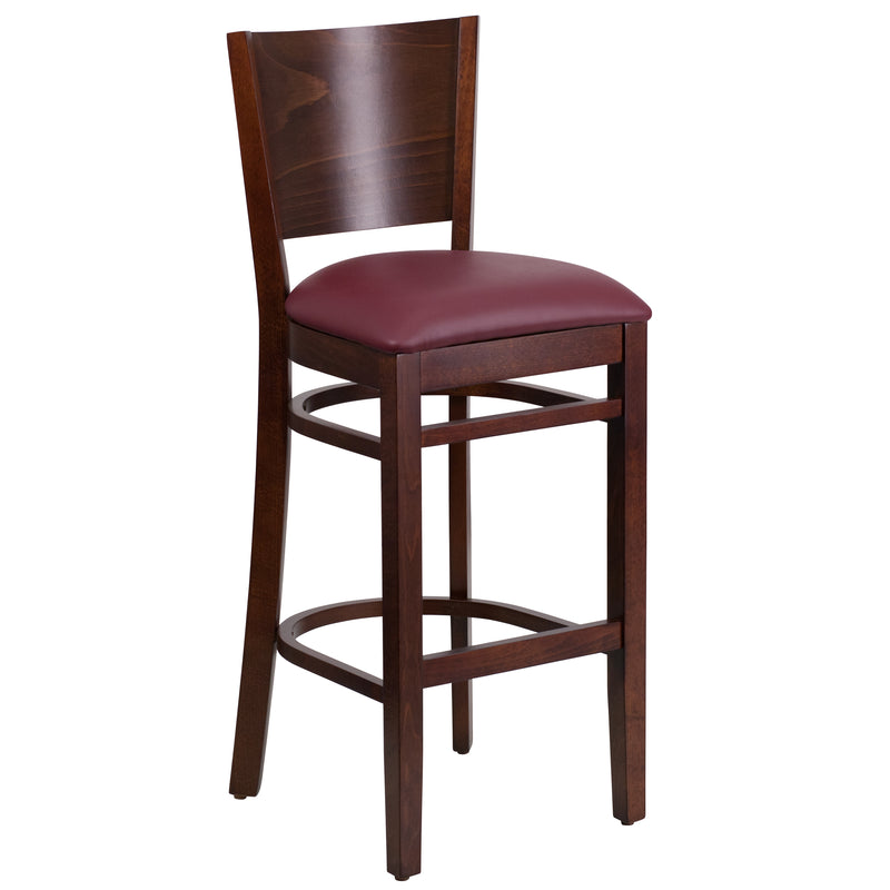 Lacey Series Solid Back Walnut Wood Restaurant Barstool - Burgundy Vinyl Seat