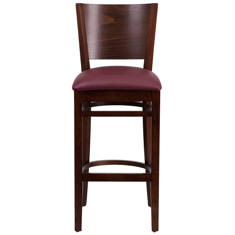 Lacey Series Solid Back Walnut Wood Restaurant Barstool - Burgundy Vinyl Seat