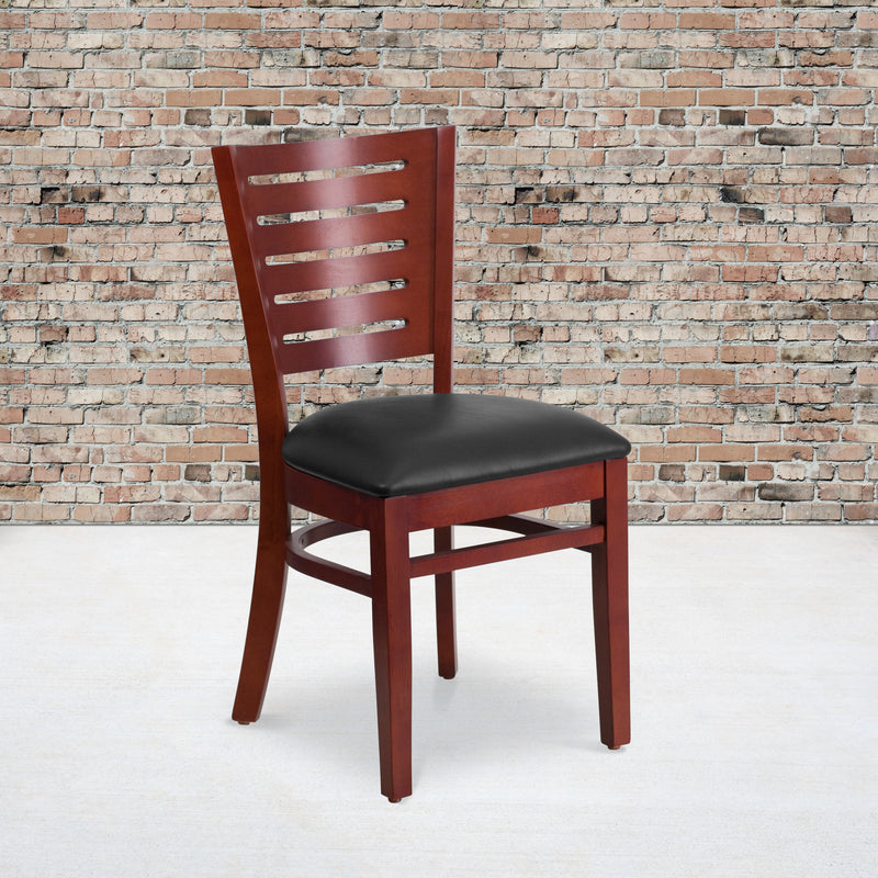 Darby Series Slat Back Mahogany Wood Restaurant Chair - Black Vinyl Seat