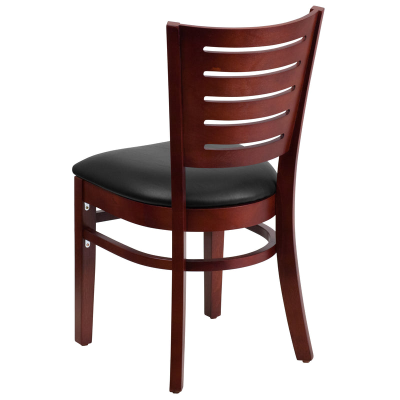 Darby Series Slat Back Mahogany Wood Restaurant Chair - Black Vinyl Seat