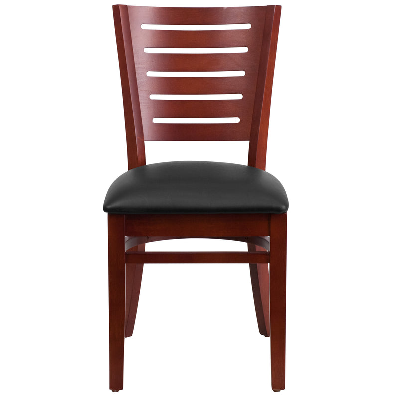 Darby Series Slat Back Mahogany Wood Restaurant Chair - Black Vinyl Seat