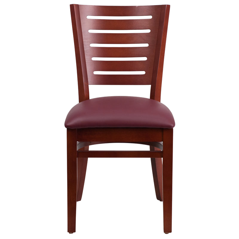 Darby Series Slat Back Mahogany Wood Restaurant Chair - Burgundy Vinyl Seat