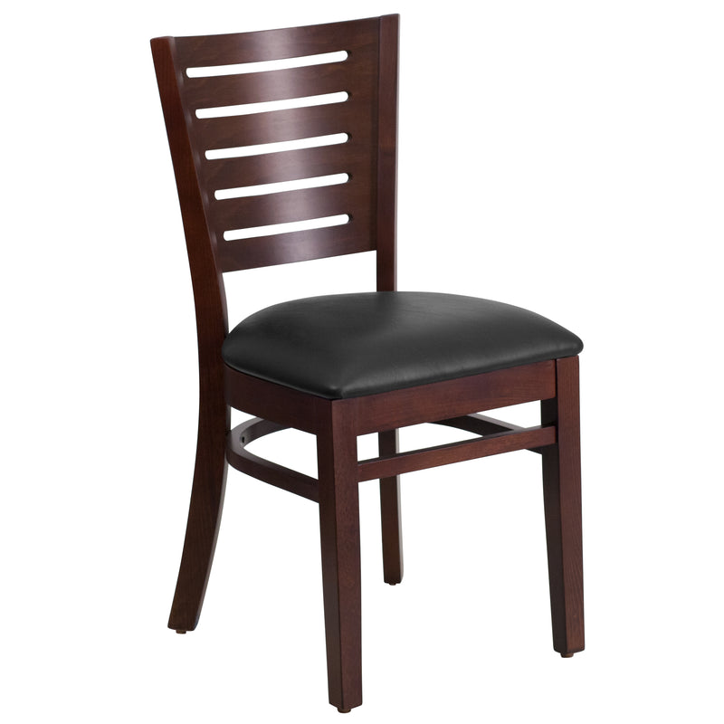 Darby Series Slat Back Walnut Wood Restaurant Chair - Black Vinyl Seat