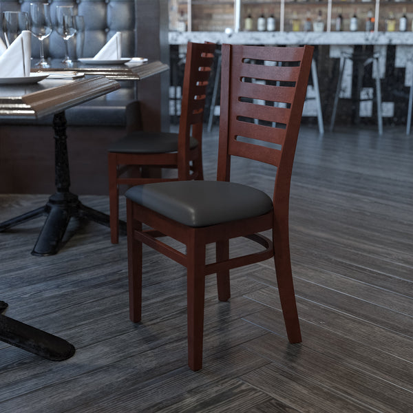 Darby Series Slat Back Walnut Wood Restaurant Chair - Black Vinyl Seat