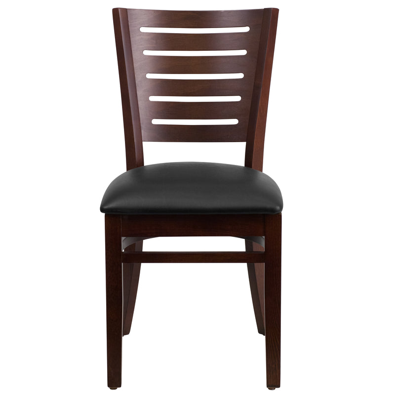 Darby Series Slat Back Walnut Wood Restaurant Chair - Black Vinyl Seat