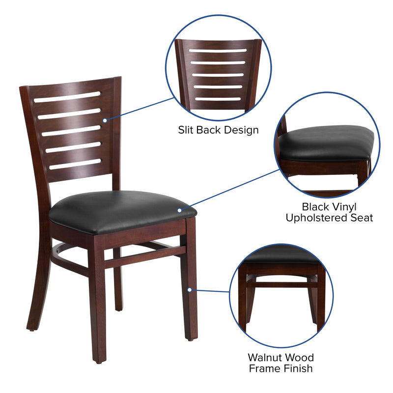 Darby Series Slat Back Walnut Wood Restaurant Chair - Black Vinyl Seat