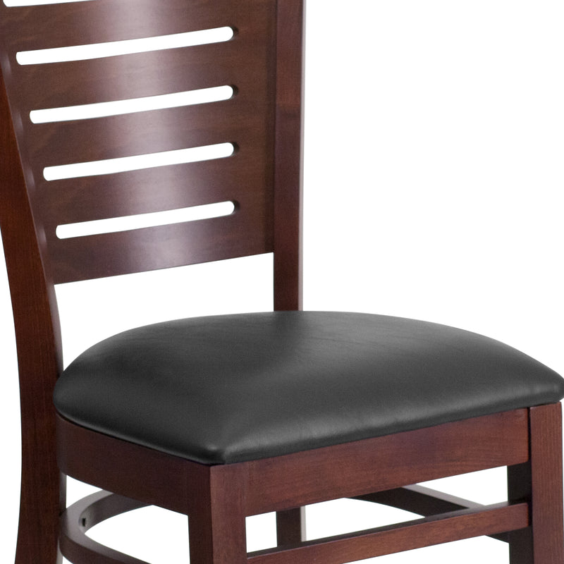 Darby Series Slat Back Walnut Wood Restaurant Chair - Black Vinyl Seat