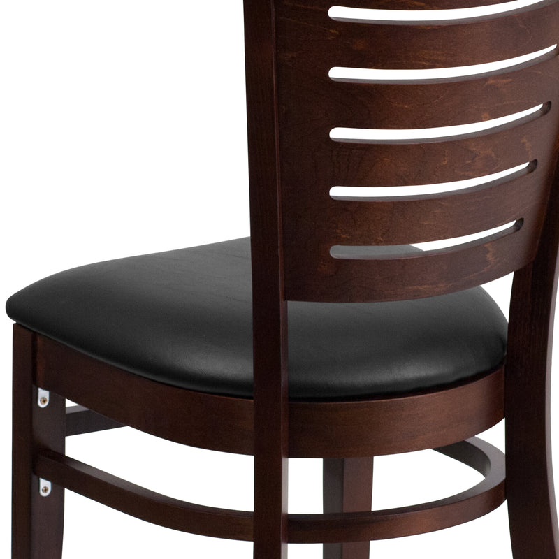 Darby Series Slat Back Walnut Wood Restaurant Chair - Black Vinyl Seat