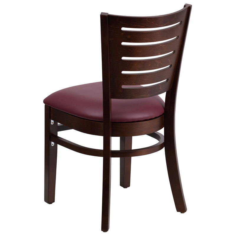 Darby Series Slat Back Walnut Wood Restaurant Chair - Burgundy Vinyl Seat