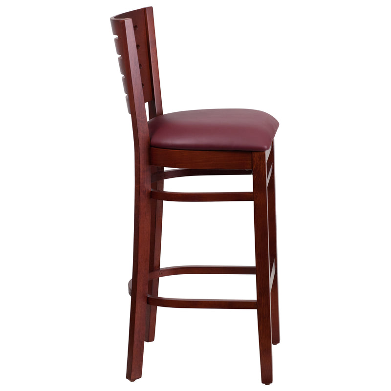 Darby Series Slat Back Mahogany Wood Restaurant Barstool - Burgundy Vinyl Seat