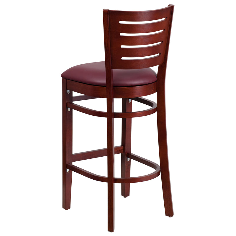 Darby Series Slat Back Mahogany Wood Restaurant Barstool - Burgundy Vinyl Seat