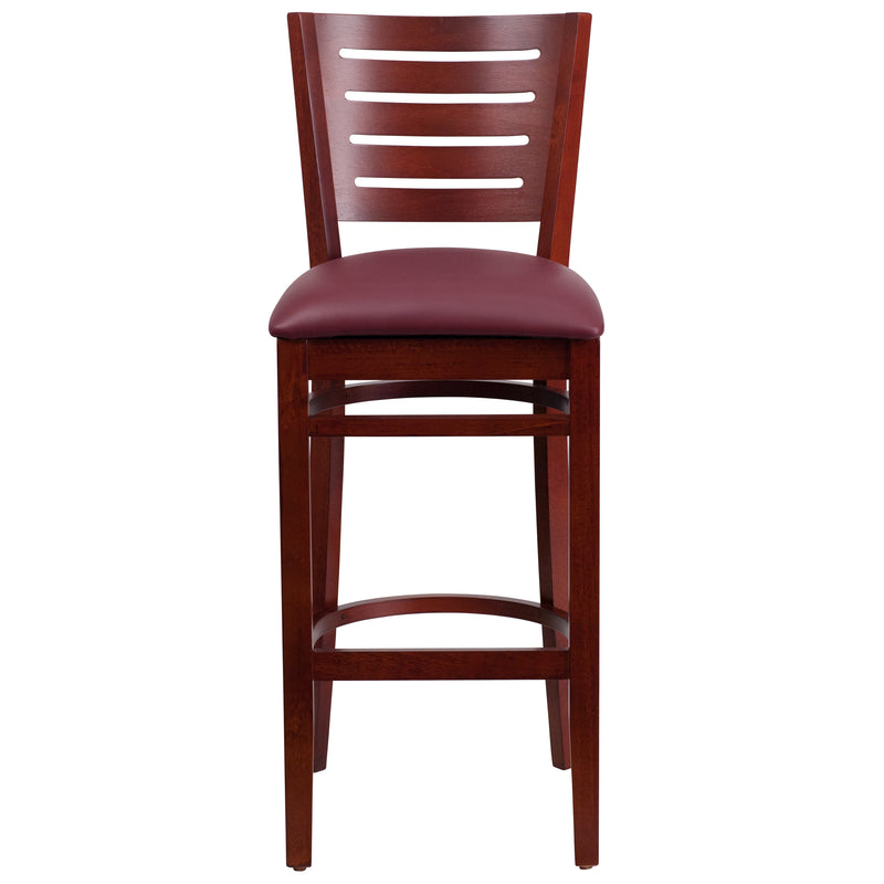 Darby Series Slat Back Mahogany Wood Restaurant Barstool - Burgundy Vinyl Seat