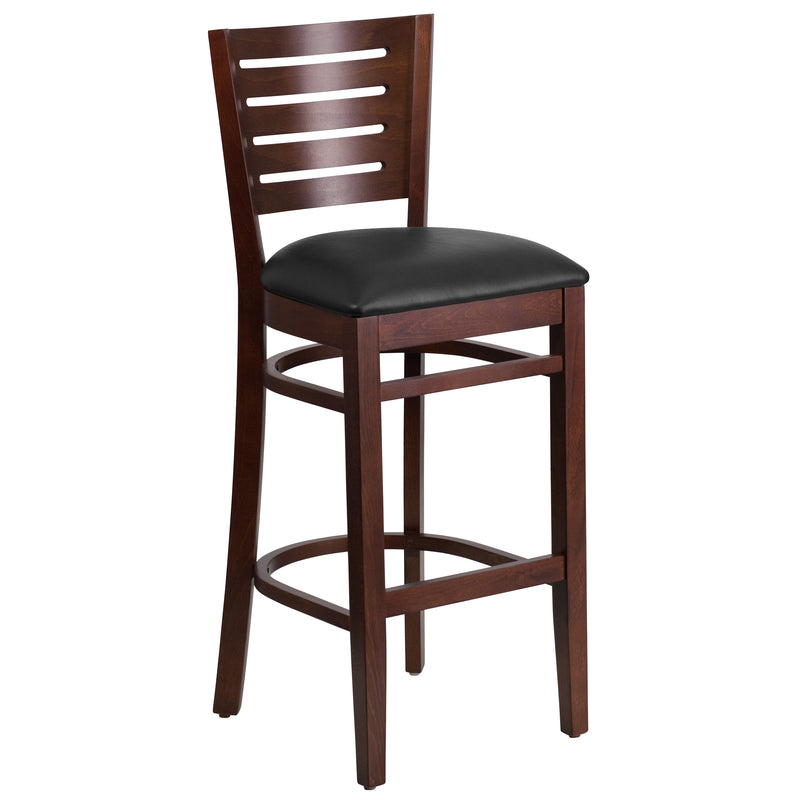 Darby Series Slat Back Walnut Wood Restaurant Barstool - Black Vinyl Seat