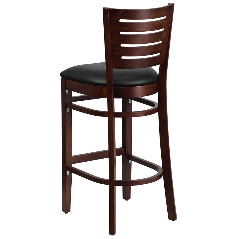 Darby Series Slat Back Walnut Wood Restaurant Barstool - Black Vinyl Seat