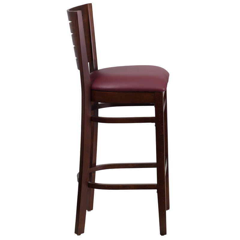 Darby Series Slat Back Walnut Wood Restaurant Barstool - Burgundy Vinyl Seat