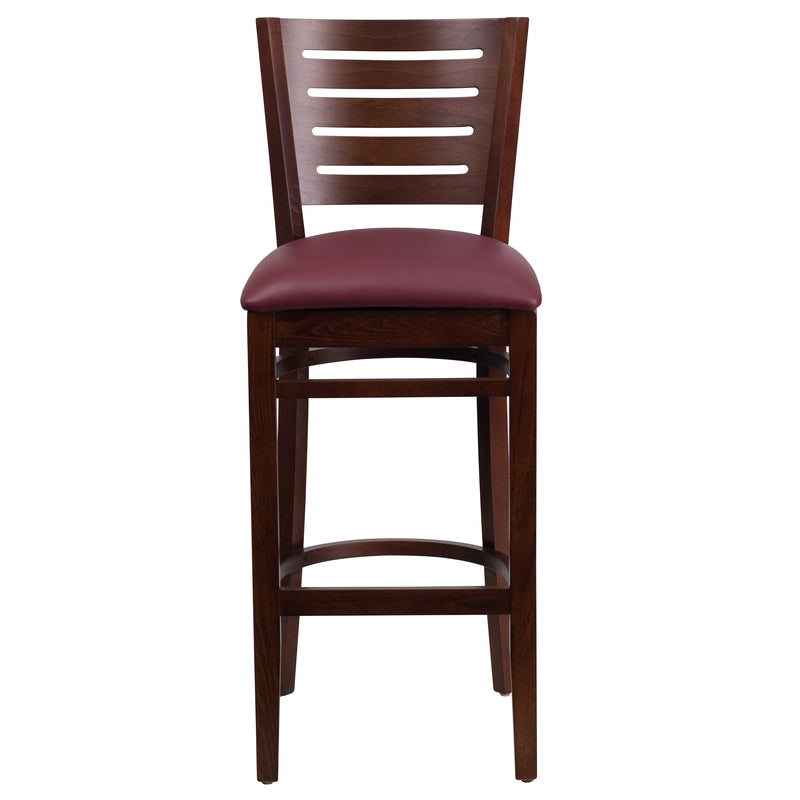 Darby Series Slat Back Walnut Wood Restaurant Barstool - Burgundy Vinyl Seat