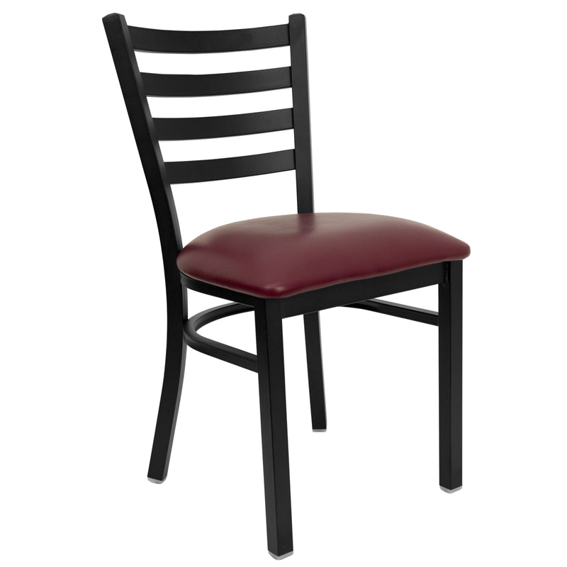 SINGLEWAVE Series Black Ladder Back Metal Restaurant Chair - Burgundy Vinyl Seat