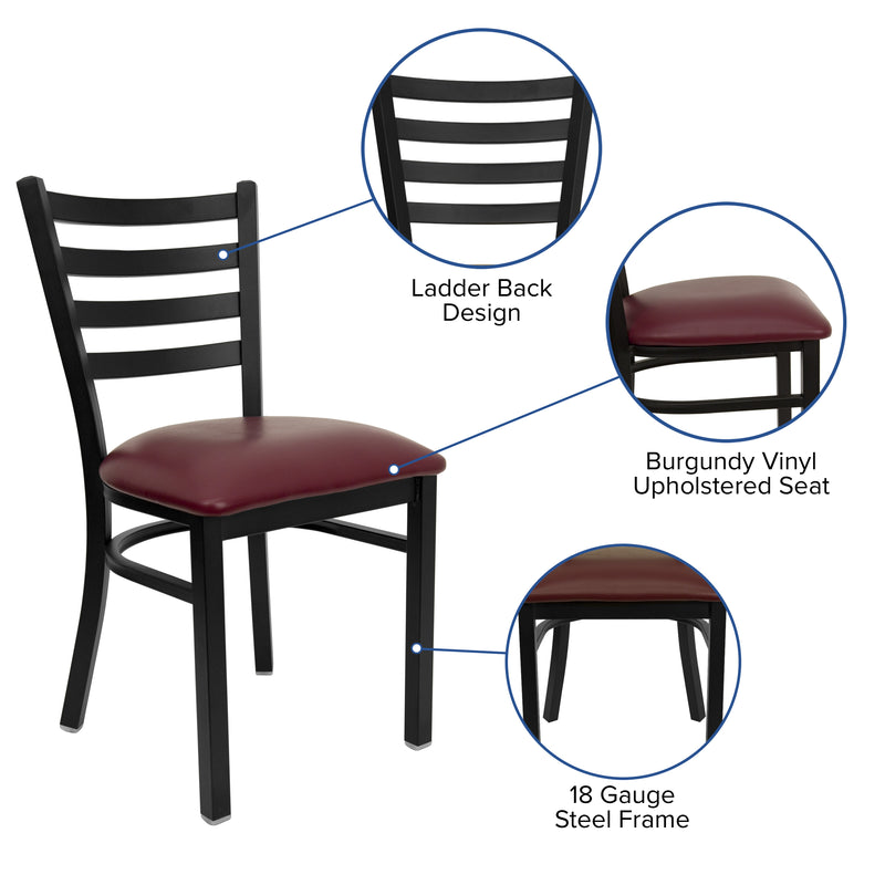 SINGLEWAVE Series Black Ladder Back Metal Restaurant Chair - Burgundy Vinyl Seat