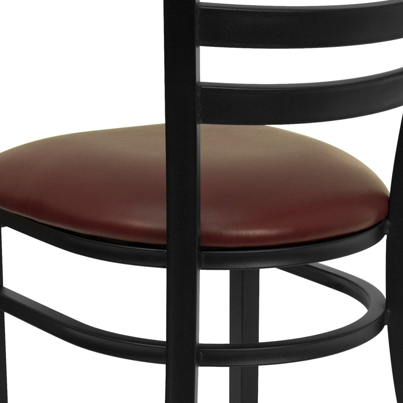 SINGLEWAVE Series Black Ladder Back Metal Restaurant Chair - Burgundy Vinyl Seat