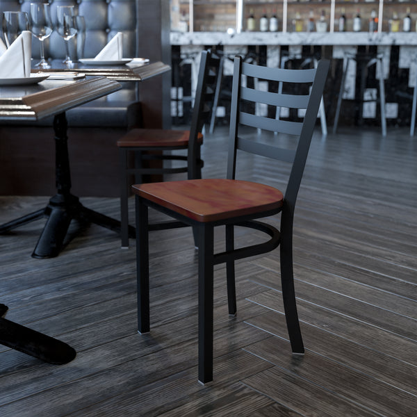 SINGLEWAVE Series Black Ladder Back Metal Restaurant Chair - Cherry Wood Seat