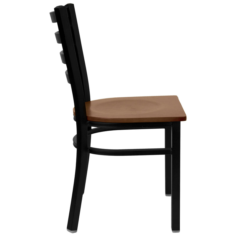 SINGLEWAVE Series Black Ladder Back Metal Restaurant Chair - Cherry Wood Seat