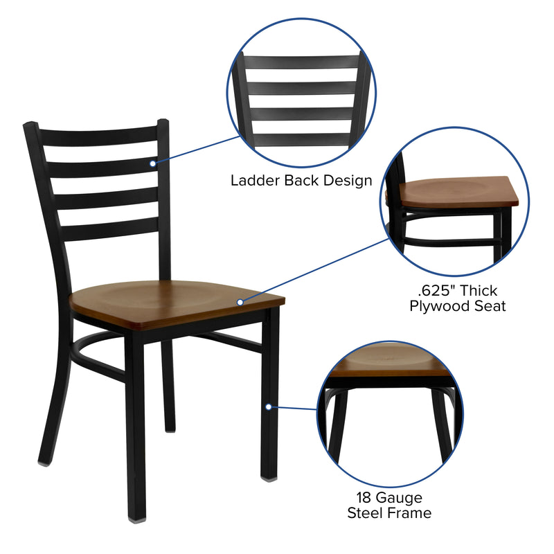 SINGLEWAVE Series Black Ladder Back Metal Restaurant Chair - Cherry Wood Seat