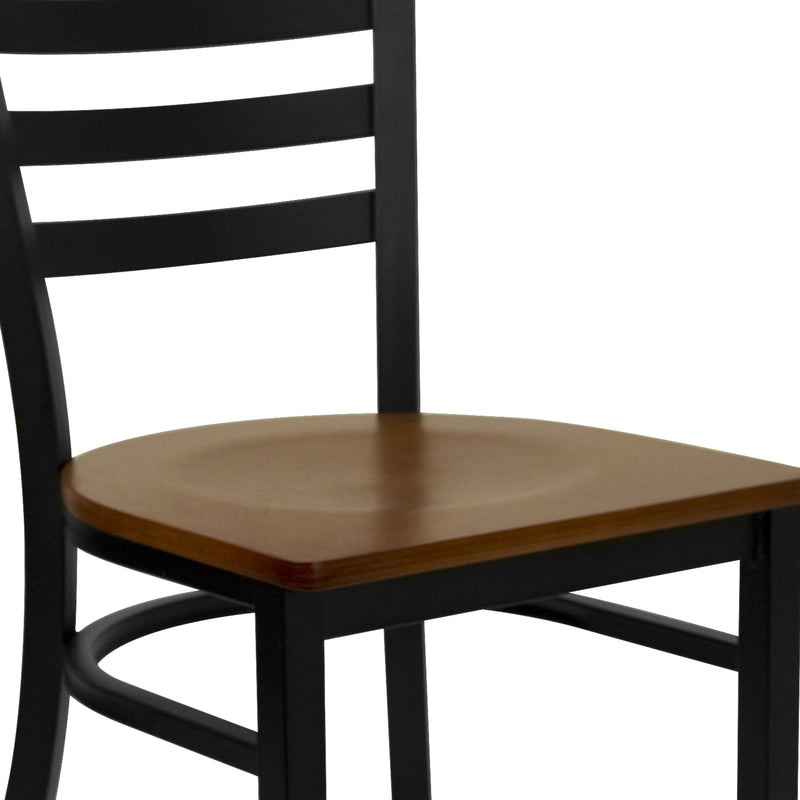 SINGLEWAVE Series Black Ladder Back Metal Restaurant Chair - Cherry Wood Seat